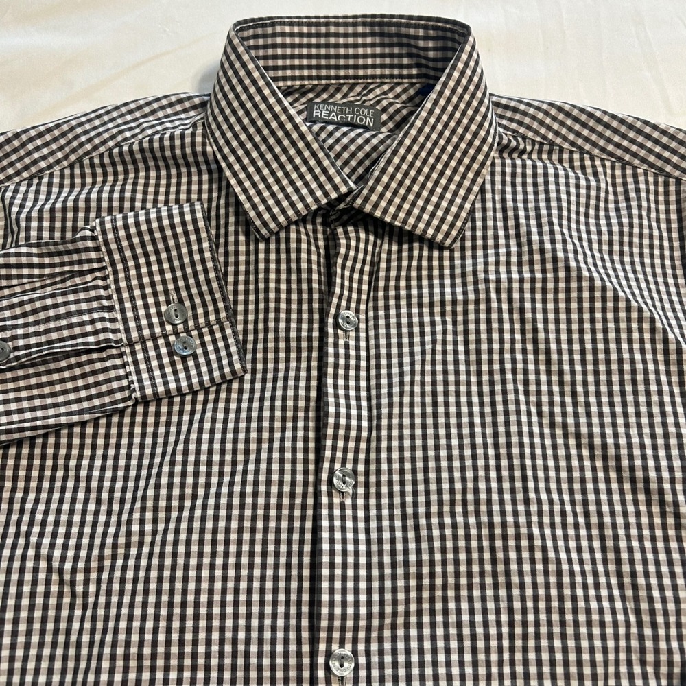 Kenneth Cole Reaction Slim Fit Gingham Dress Shirt Mens 15.5 32-33 Brown White